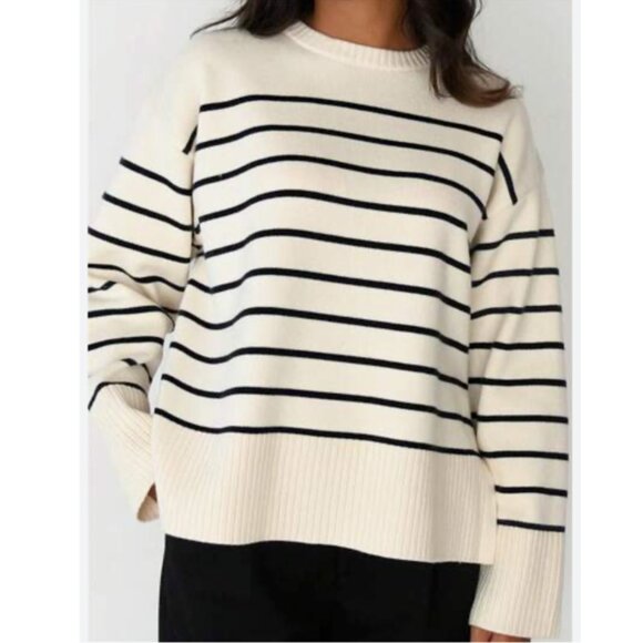 Striped Pattern Drop Shoulder Long Sleeve Sweater - Large - Picture 1 of 8